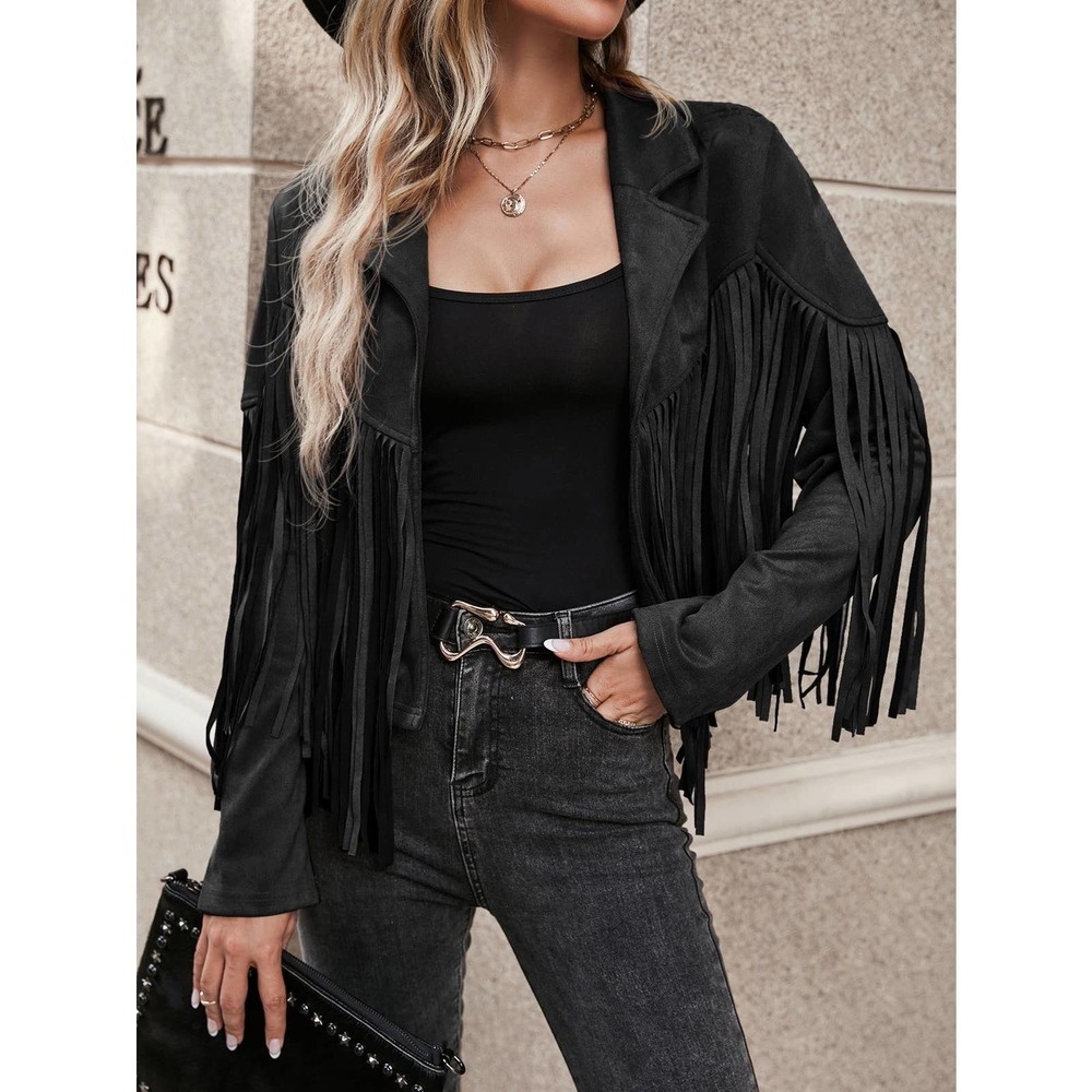 Vegan Suede Fringe Cowgirl Jacket Western Tassel Jacket in Black